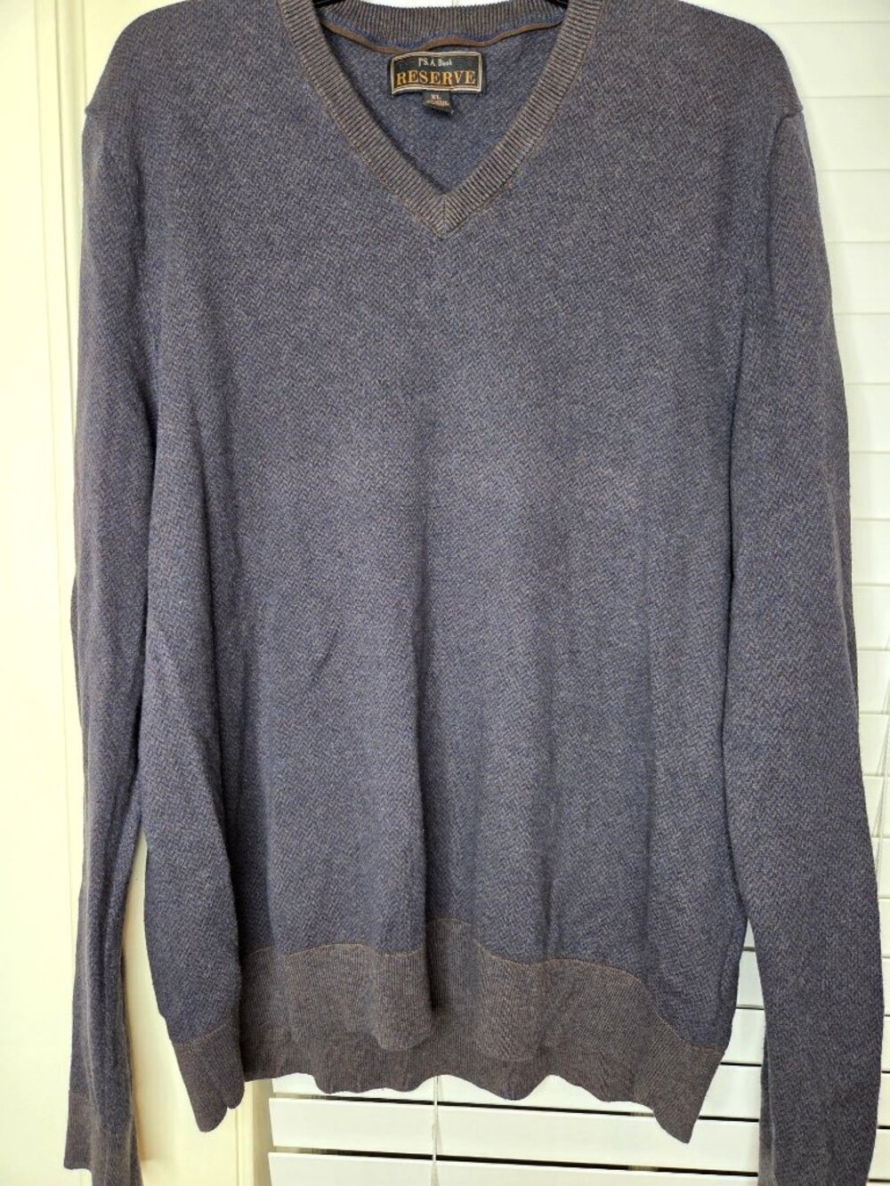 Jos. A. Bank Reserve Mens XL Blue V-Neck Sweater Cotton Cashmere Herringbone